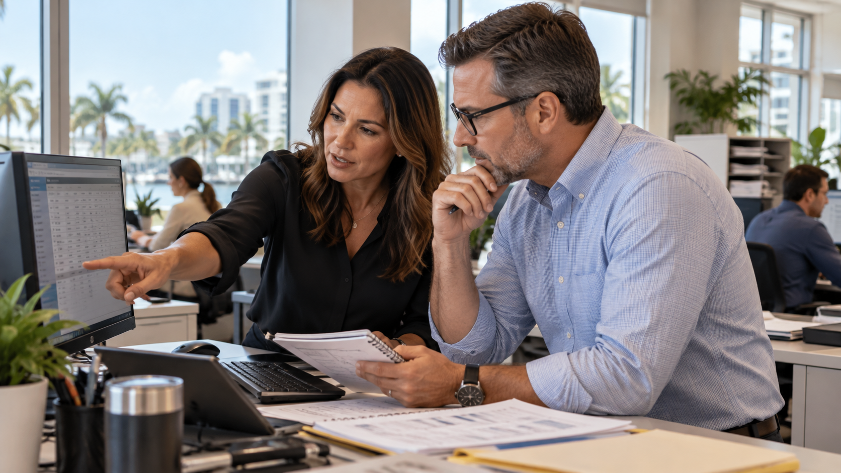 Operations manager and technology adviser reviewing a business workflow together at a computer