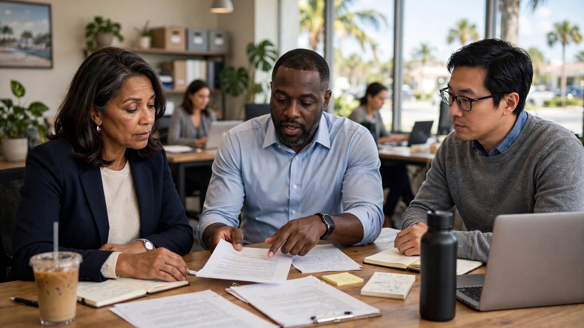 Three business professionals reviewing a risk assessment together in a South Florida office