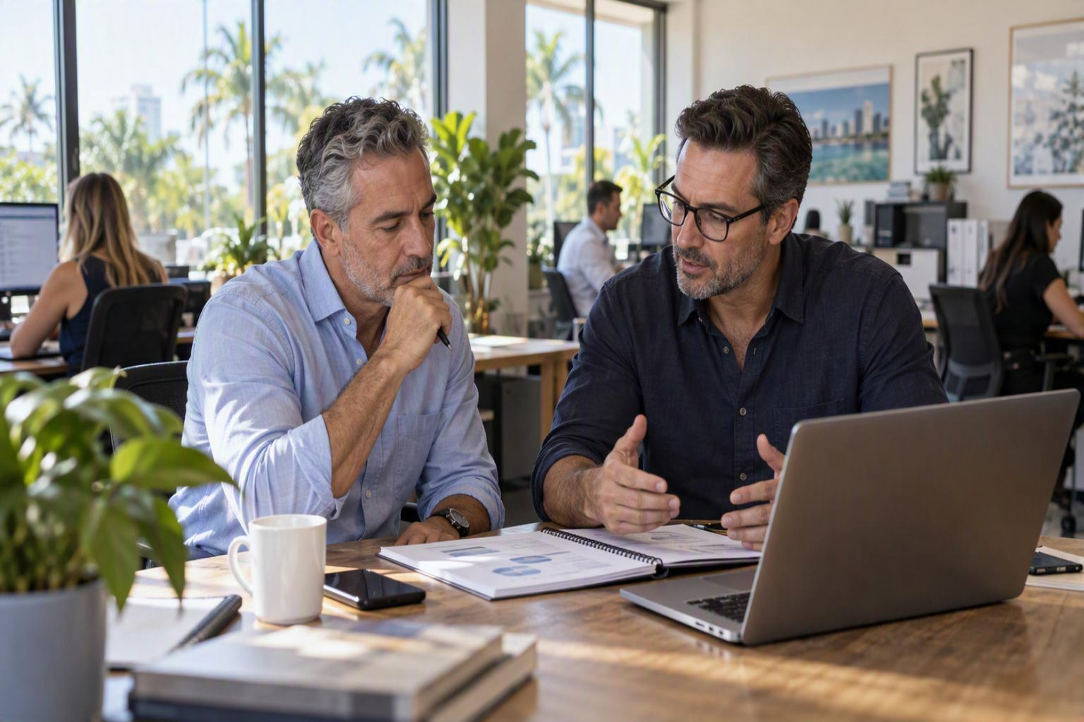 Business owner and technology adviser reviewing plans together in a South Florida office